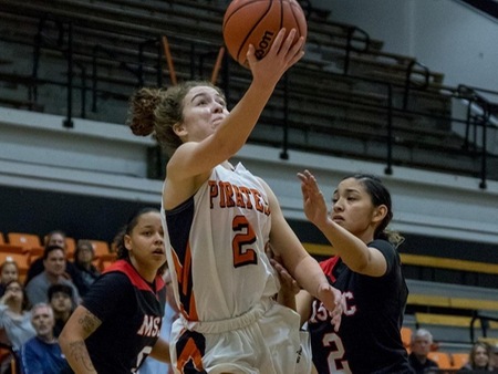 VC freshman Talia Taufaasau had 24 points, 17 in the decisive fourth quarter, and five assists as the Pirates defeated Mt. San Jacinto 73-62 Sunday to claim the VC-Optimist Club Holiday Tournament championship. She was awarded tournament MVP honors. (photo by Felix Coretz)