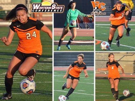 Sophomore Audrey Castillo (24) leads five Pirates on the first team All-WSC line-up, including (clockwise from top middle) Aracely Castro (0), Carina Cardenas (23), Yadi Raigoza (4) and Natalie Landsberg (15).