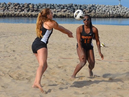 Ventura College beach volleyball pair Kasie Spencer (left) and Armonee Hunter won their first match at the Western State Conference Pairs Tournament Wednesday before falling in the round of 16 at the Harbor Cove Courts at the Ventura Marina.