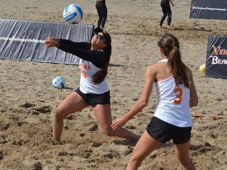 VC's No. 1 beach volleyball duo of Raphaella Rosales (left) and Vanessa Ihrke (3) qualified for the CCCAA State Pairs Championships in play at the Southern California Regionals Friday at Irvine Valley.