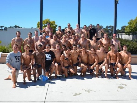 The Ventura College men's water polo alumni along with current team members after the alumni's 14-13 overtime win over the current team.