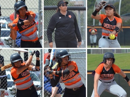 (Top, from left), Brittany Perez, Coach Sonia Ford, Anissa Padilla, and (Bottom, from left) Celeste Ekman, Justine De La Rosa and Julianne Abeloe all earned All-WSC honors as voted upon by the conference coaches.