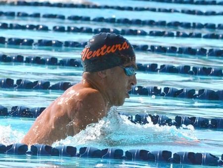 VC freshman Arturo Medina won the 100-yard breast stroke, 1.5 seconds ahead of second place, and claimed a silver and bronze finish individually in the 2020 season-opening Larry Baratte Invitational at the VC Aquatic Center Friday.