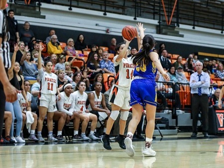 VC sophomore Victoria Maciel shoots one of her three made 3-pointers during the second half of Saturday's playoff game against Allan Hancock College at the Athletic Event Center. Maciel finished with 13 points as the Pirates defeated the Bulldogs 73-62. (photo by Felix Cortez)