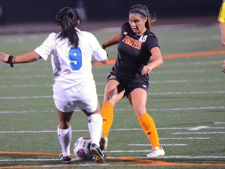 Karen Martinez (10) attackes the ball during VC's game with Oxnard on Tuesday at the Sportsplex. The sophomore midfielder scored a goal in Ventura's 5-1 victory over the Condors.